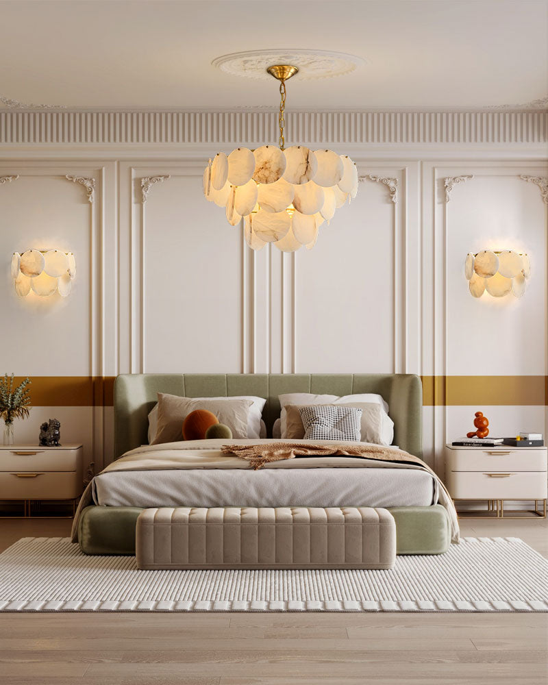 Multi layers Spanish White Alabaster Shell Marble Chandelier lamp in Brass