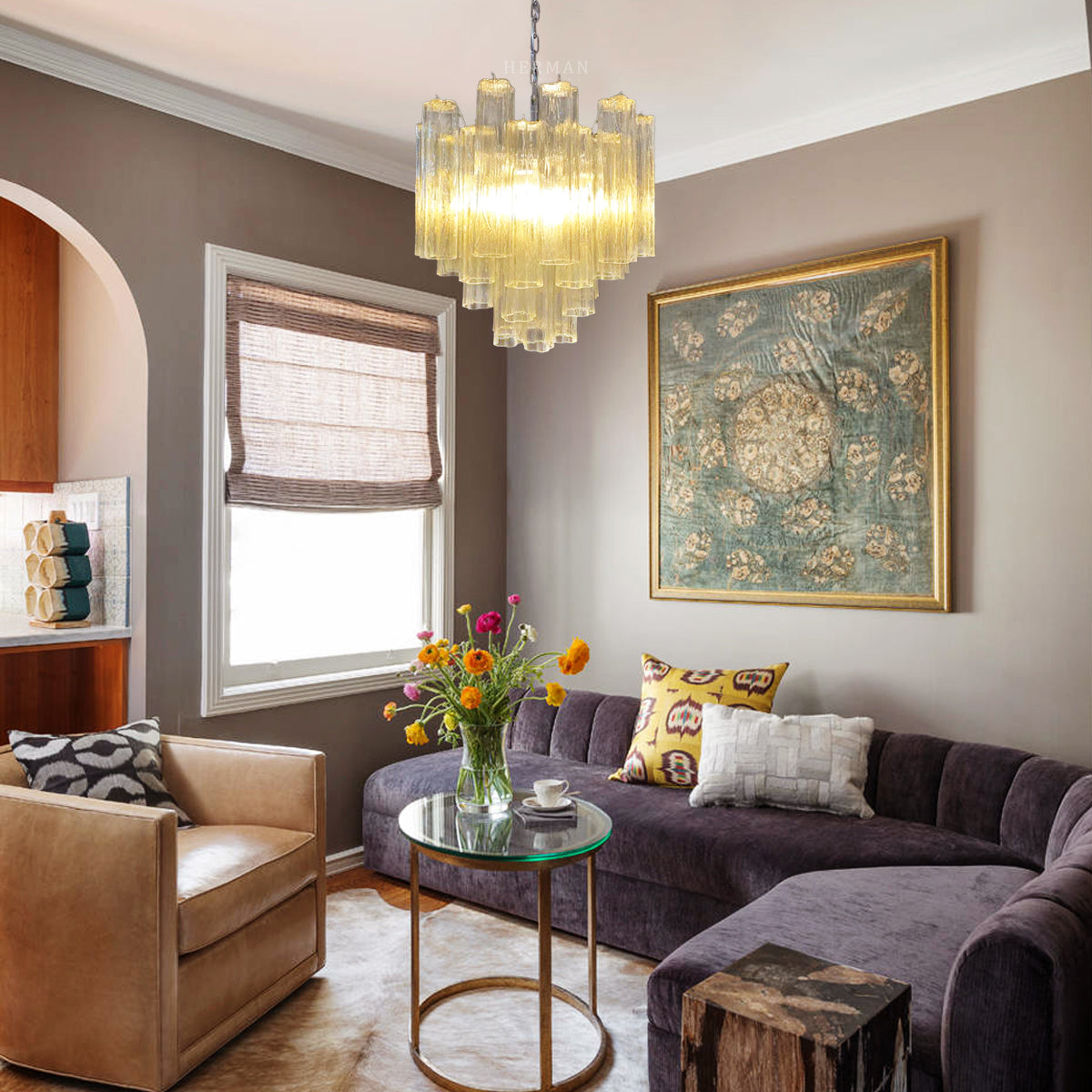 Pastel Art Glass Yellow Chandelier – 36 Tubes