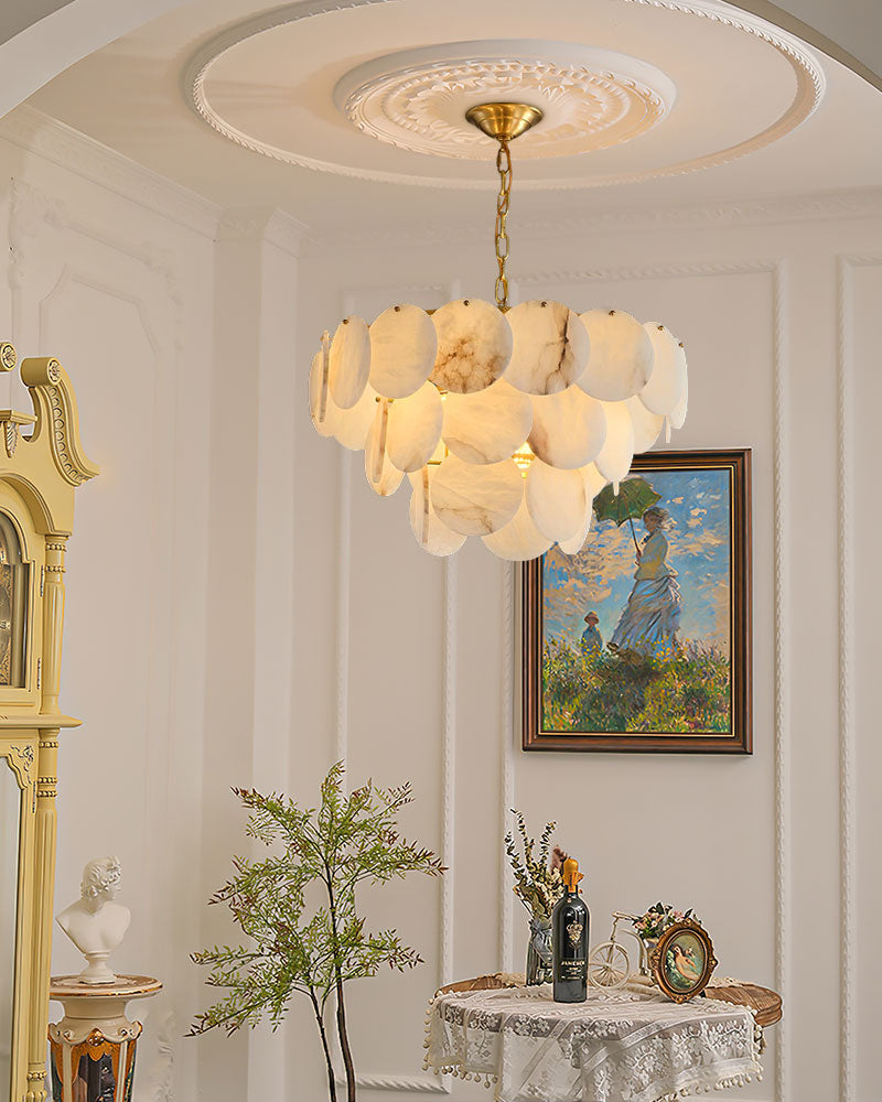 Multi layers Spanish White Alabaster Shell Marble Chandelier lamp in Brass