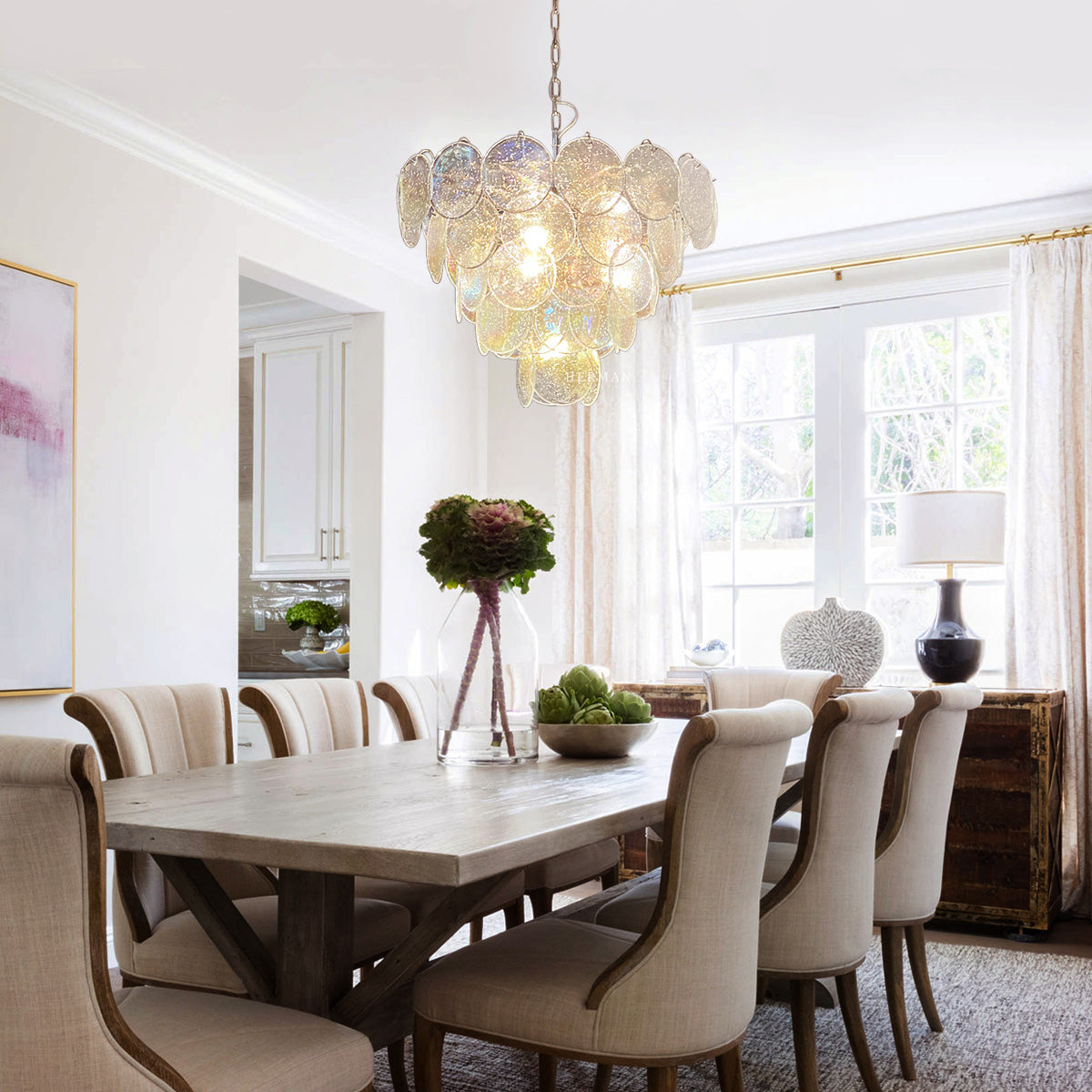 Cobalt Aura Glass Disc Chandelier---Iridescent Clear