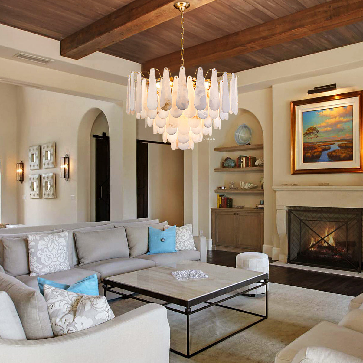 Alabaster Feathery Chandelier 21.7" D 31.5" D