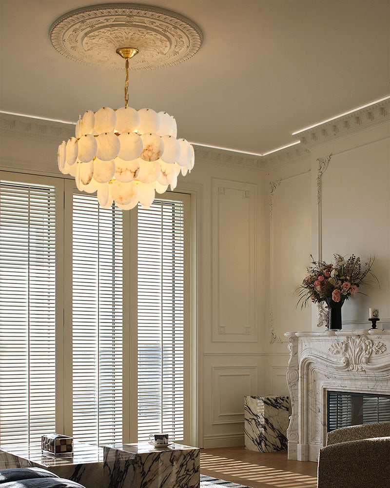 Multi layers Spanish White Alabaster Shell Marble Chandelier lamp in Brass