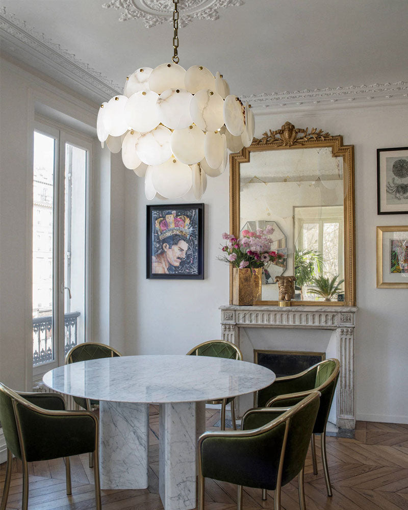 Multi layers Spanish White Alabaster Shell Marble Chandelier lamp in Brass