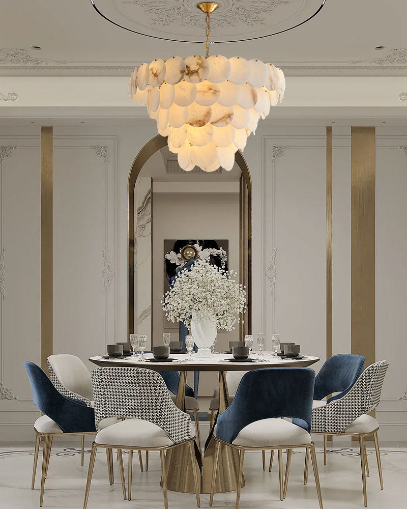 Multi layers Spanish White Alabaster Shell Marble Chandelier lamp in Brass