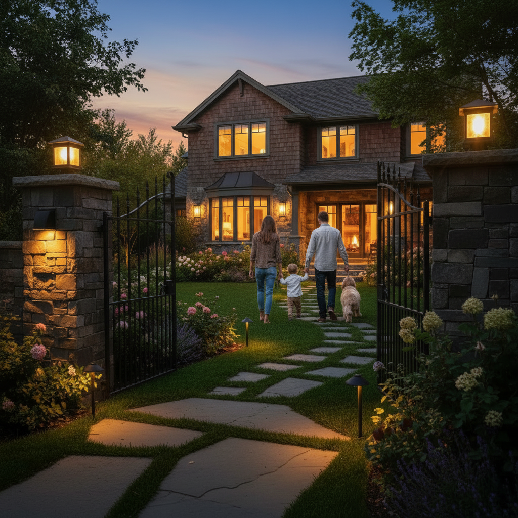 黄昏归家场景-背影走向房子