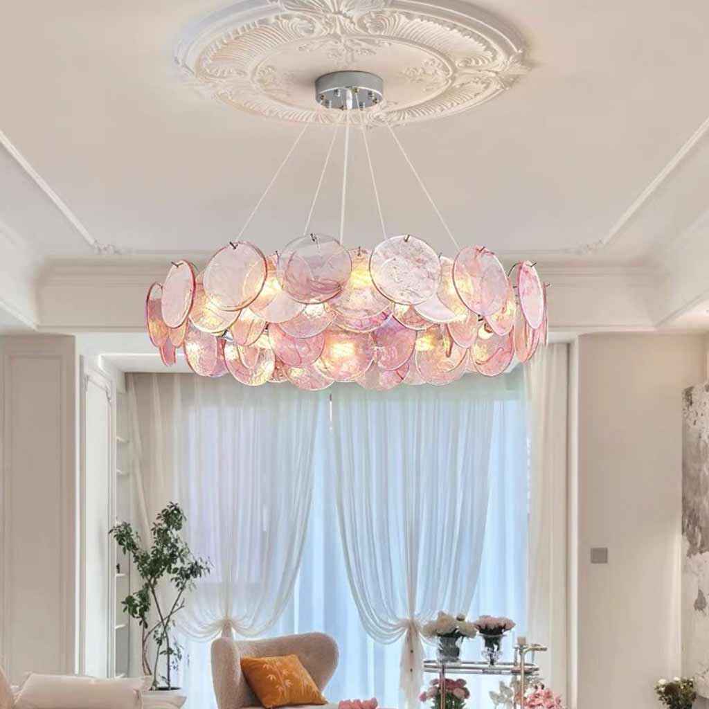Cobalt Aura Glass Disc Chandelier---Pink & Green