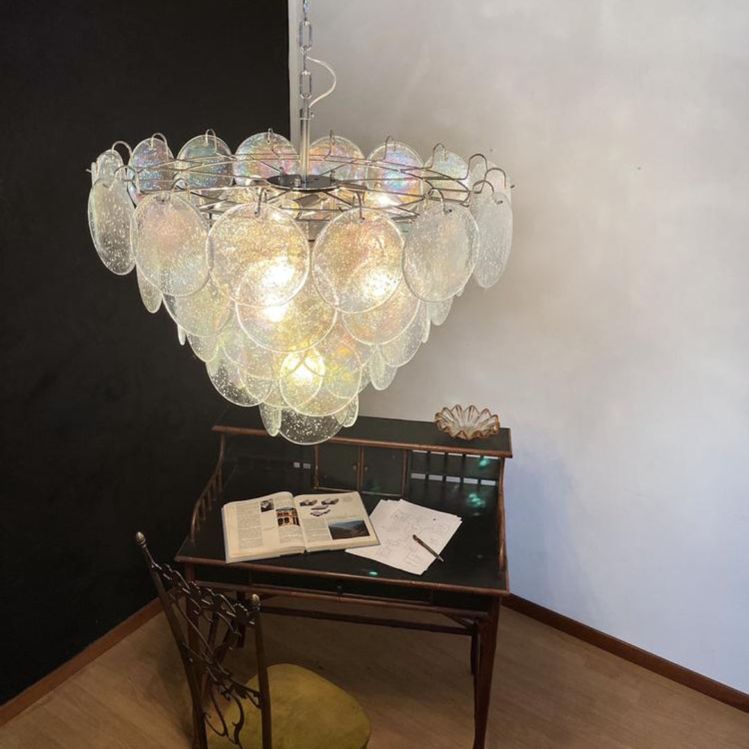 Cobalt Aura Glass Disc Chandelier---Iridescent Clear