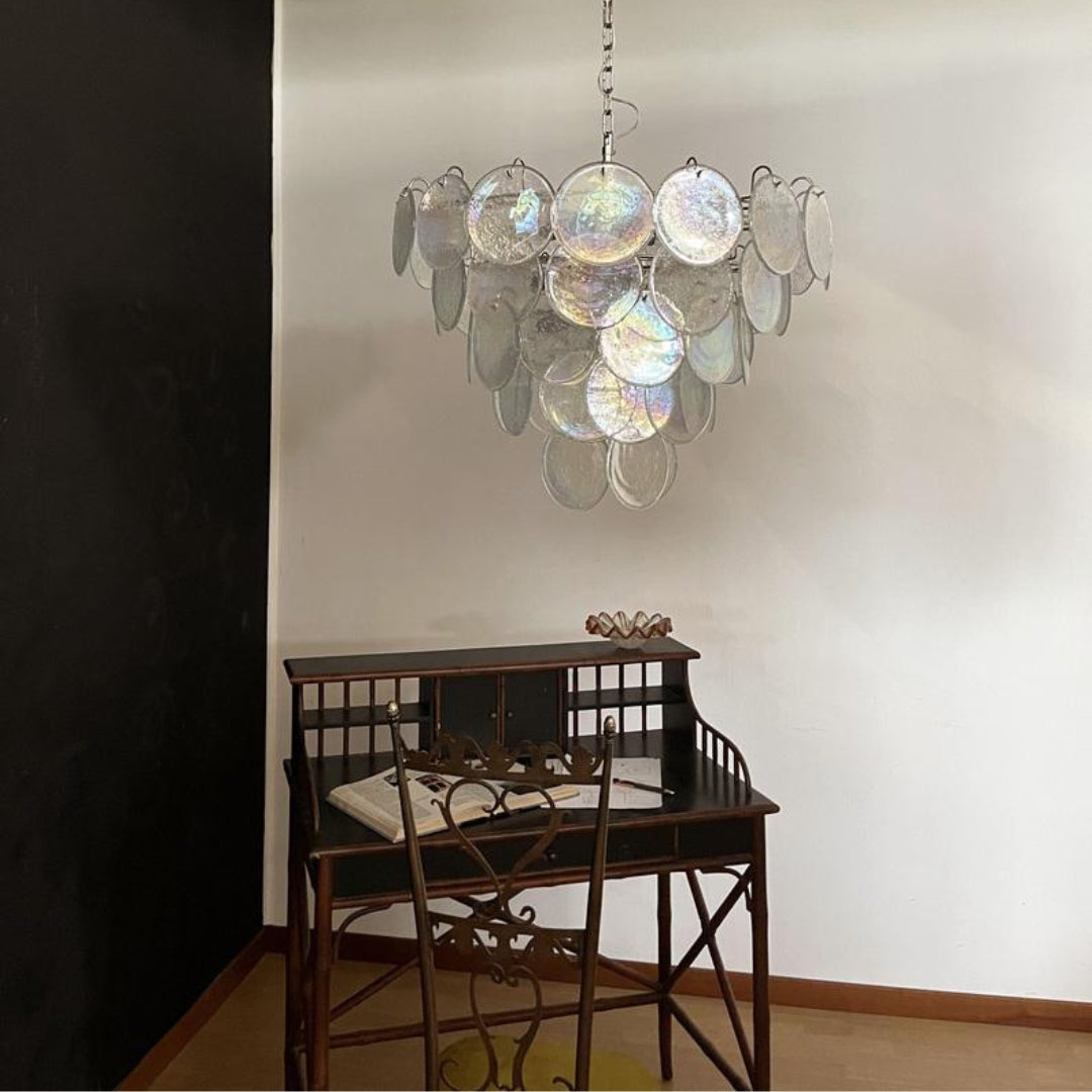 Cobalt Aura Glass Disc Chandelier---Iridescent Clear