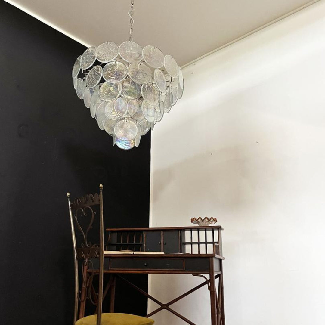 Cobalt Aura Glass Disc Chandelier---Iridescent Clear