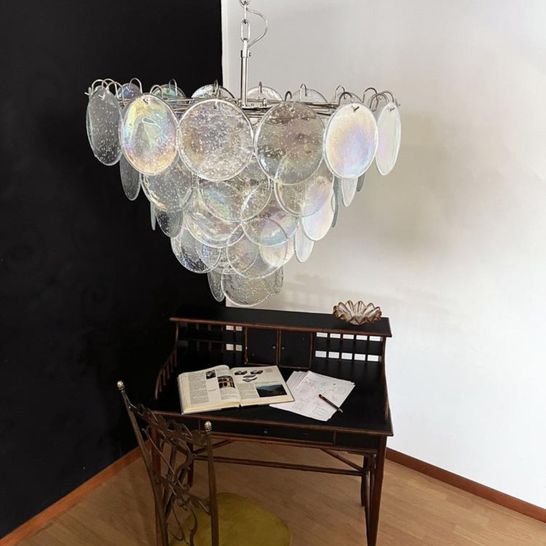 Cobalt Aura Glass Disc Chandelier---Iridescent Clear