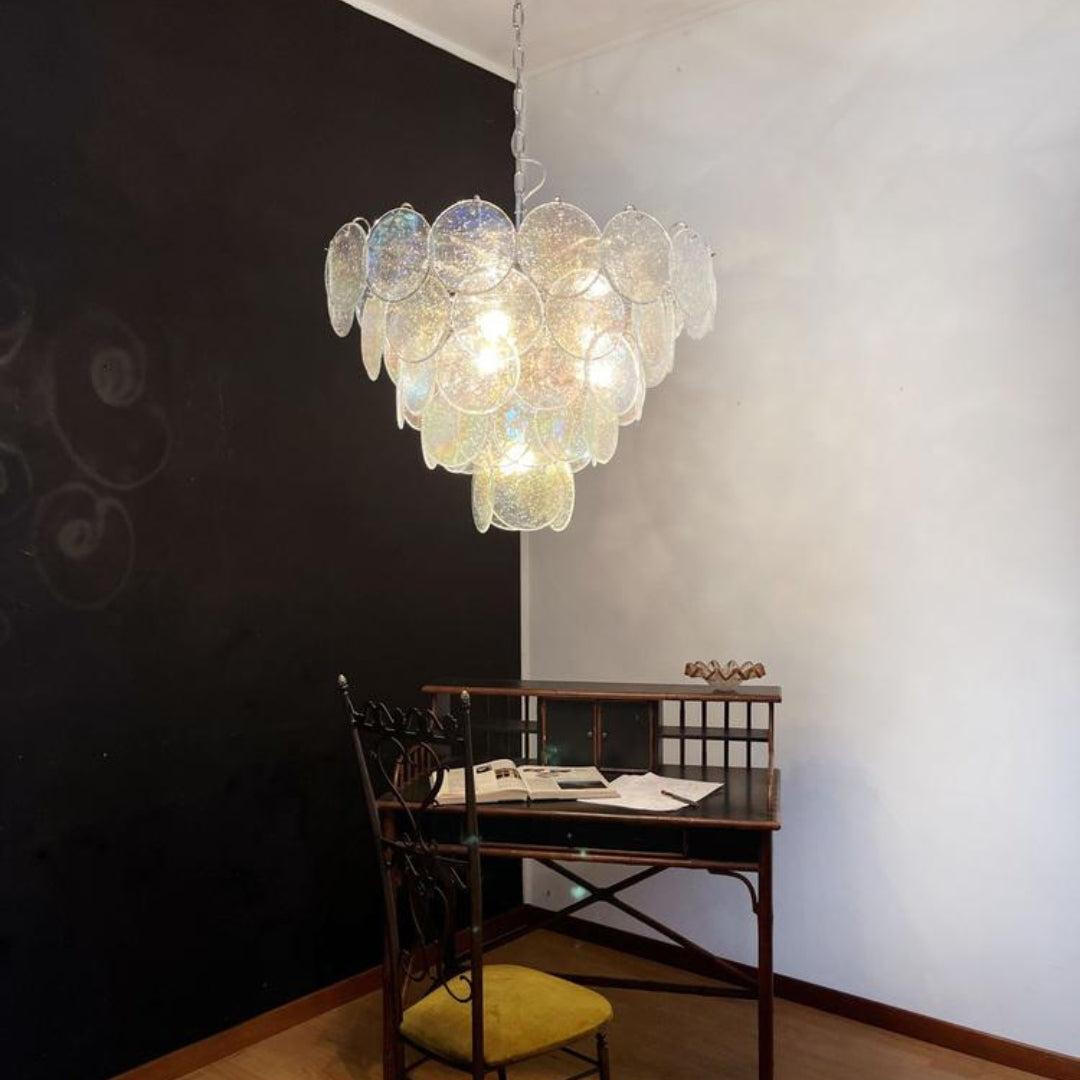 Cobalt Aura Glass Disc Chandelier---Iridescent Clear
