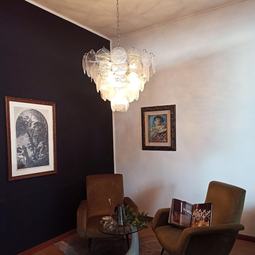 Cobalt Aura Glass Disc Chandelier---Iridescent Clear