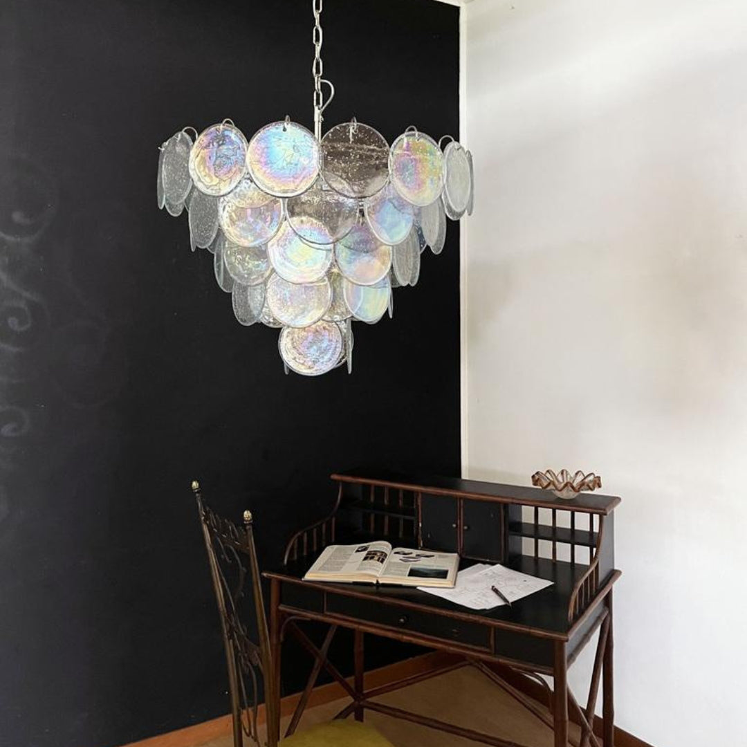 Cobalt Aura Glass Disc Chandelier---Iridescent Clear
