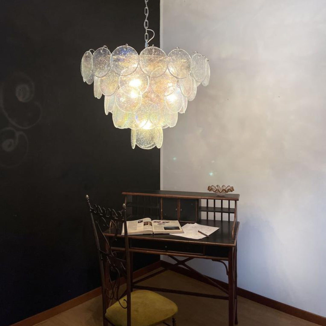 Cobalt Aura Glass Disc Chandelier---Iridescent Clear