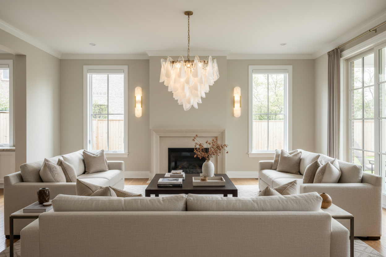 Living Room Scene with Anthesis Chandelier and Alabaster Sconces