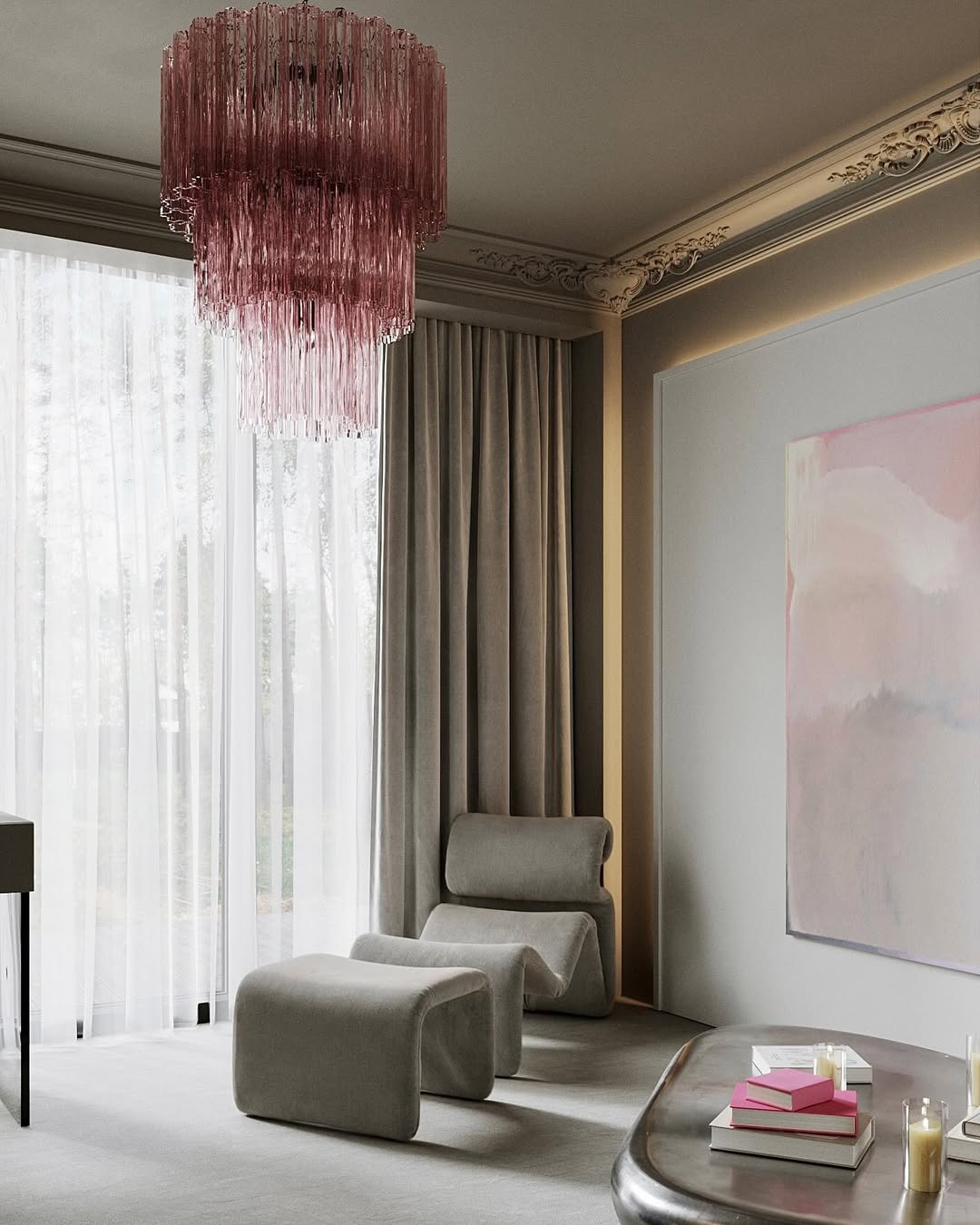 Pastel Art Glass Chandelier – 52 Tubes – Pink
